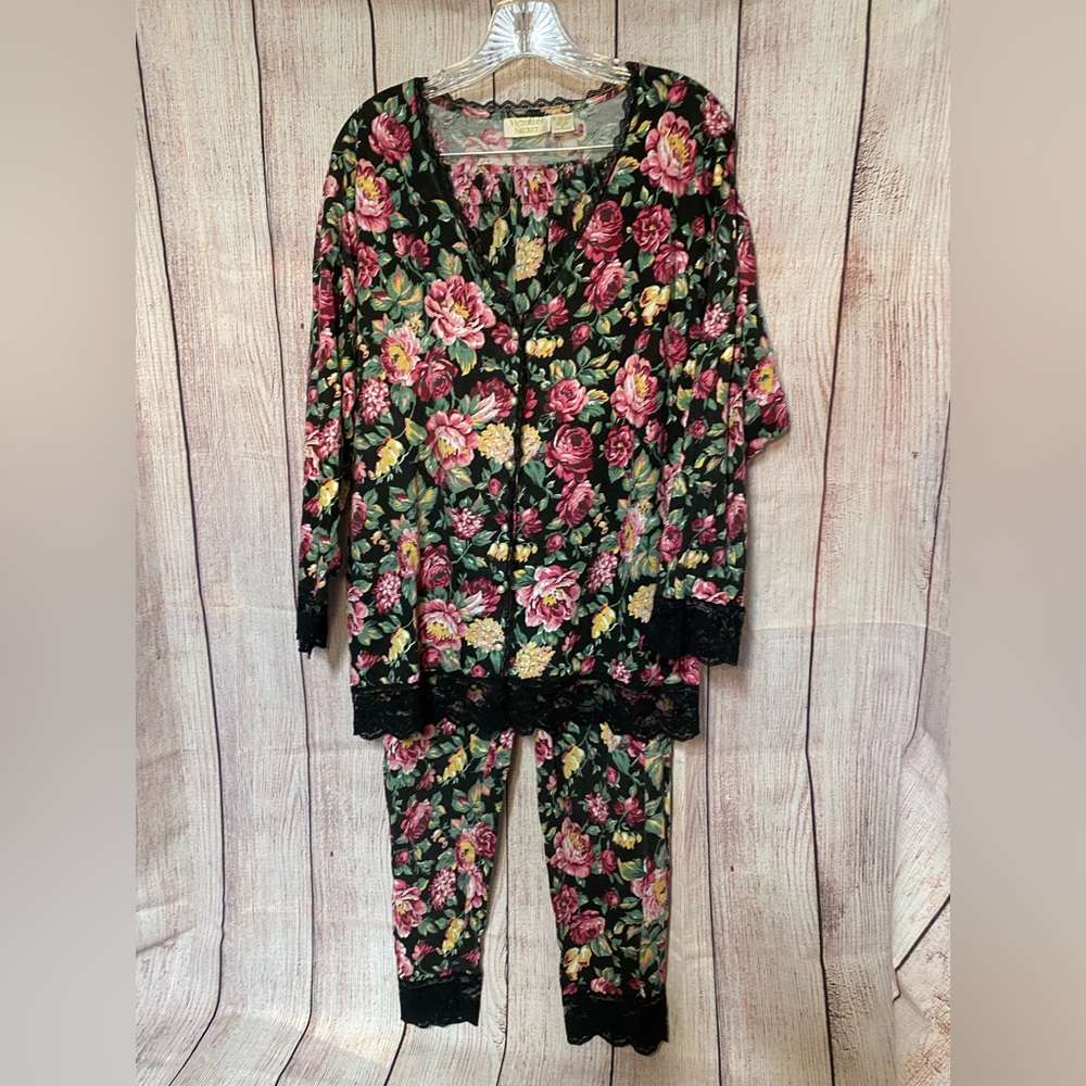 Vintage Victoria's Secret Gold Label Faux Pearl Button Cotton Pajama Set Small